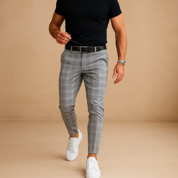 Men's Checked Trousers Slim Fit Flat-Front Tapered Smart-Casual Office Business Everyday Tailored Plaid Versatile Hargrove