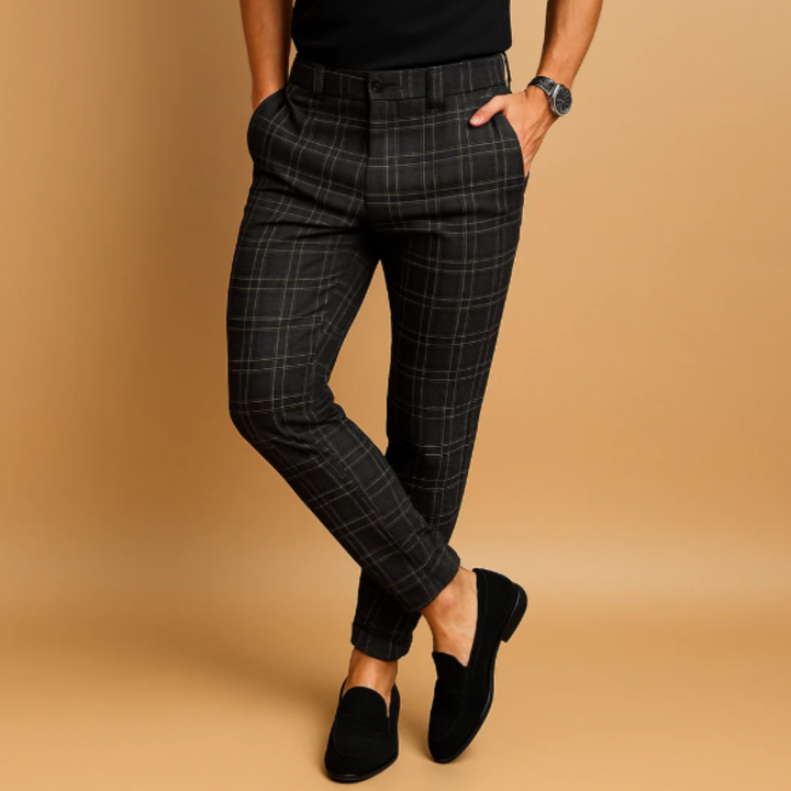 Men's Checked Trousers Slim Fit Flat-Front Tapered Smart-Casual Office Business Everyday Tailored Plaid Versatile Hargrove