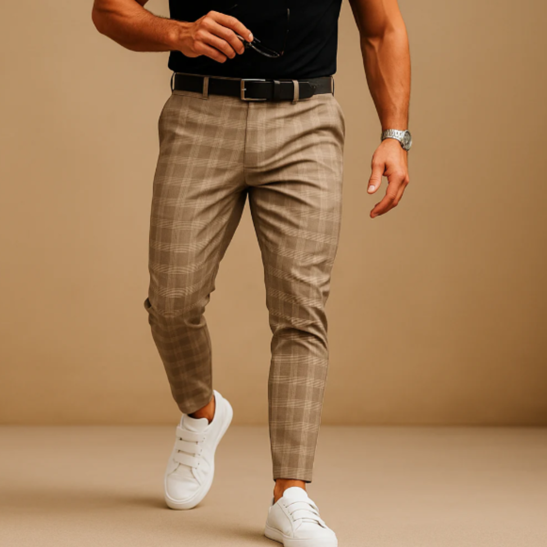 Men's Checked Trousers Slim Fit Flat-Front Tapered Smart-Casual Office Business Everyday Tailored Plaid Versatile Hargrove