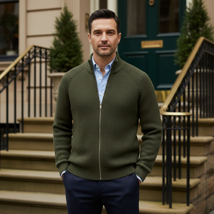 Men's Merino Wool Cardigan Zip-Up Knitted Ribbed Layering Casual Smart-Casual Everyday Warm Soft Versatile Thurloe