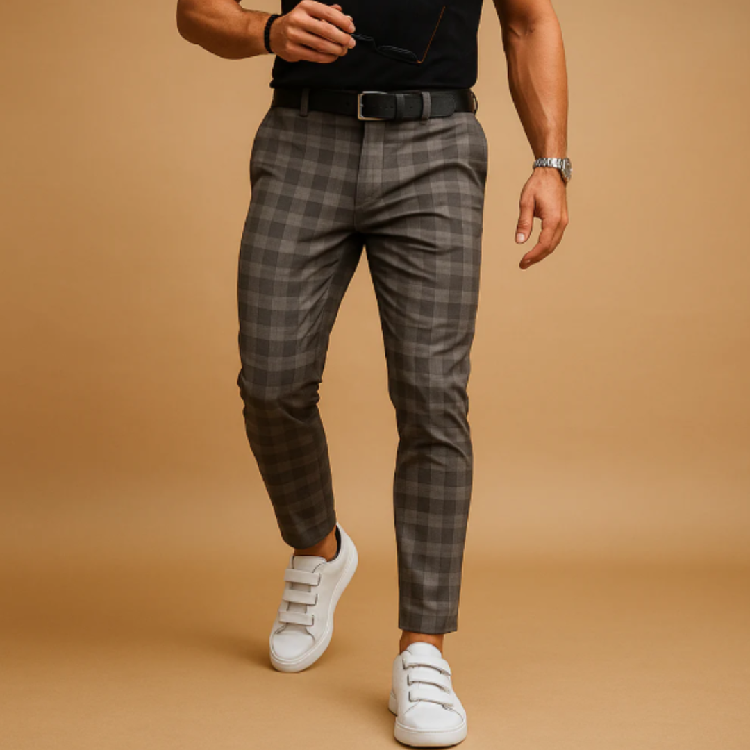 Men's Checked Trousers Slim Fit Flat-Front Tapered Smart-Casual Office Business Everyday Tailored Plaid Versatile Hargrove