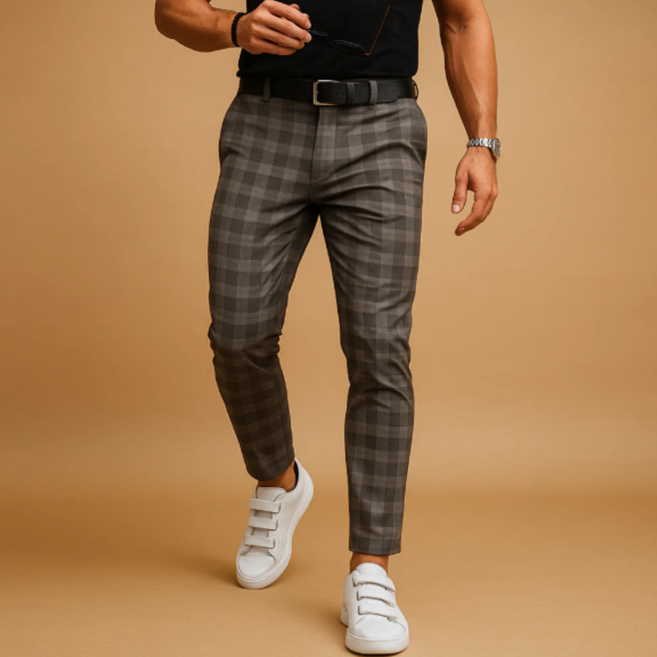 Men's Checked Trousers Slim Fit Flat-Front Tapered Smart-Casual Office Business Everyday Tailored Plaid Versatile Hargrove