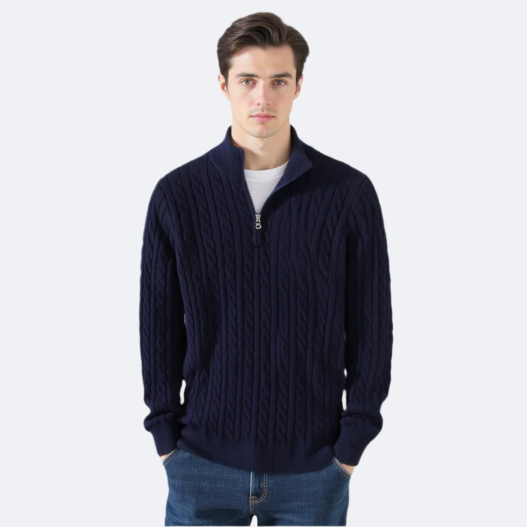 Men's Cable Knit Sweater Long Sleeve Collared Half-Zip Casual Layering