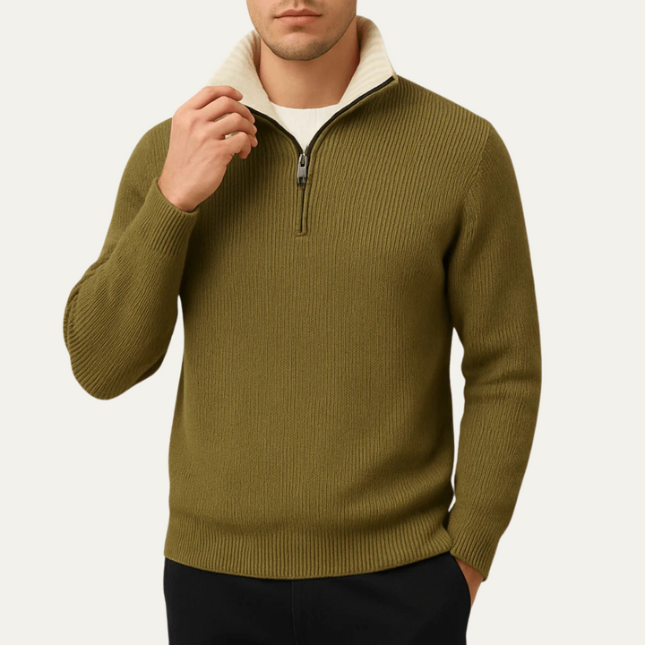 Men's Tailored Fit Quarter Zip Sweater Ribbed Knit Long Sleeve Casual Layering Wear