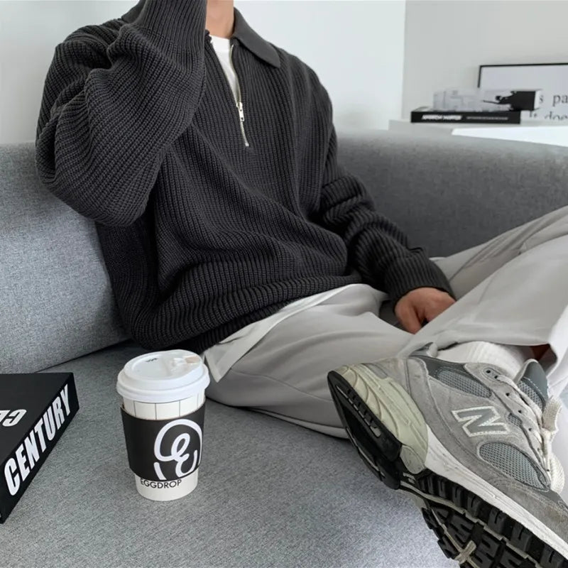 Men's Relaxed Fit Knitted Zip Jumper Casual Everyday Layering Classic