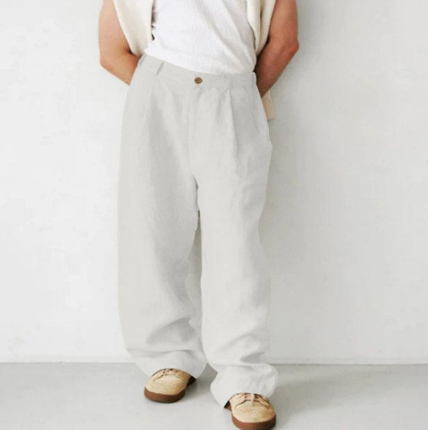 Men's Linen Trousers Relaxed Fit Full Length Drawstring Breathable Summer Holiday Casual Everyday Rex