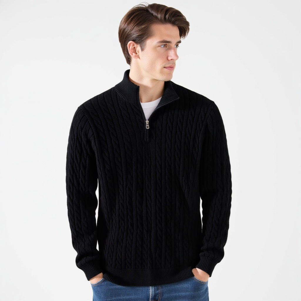 Men's Cable Knit Sweater Long Sleeve Collared Half-Zip Casual Layering