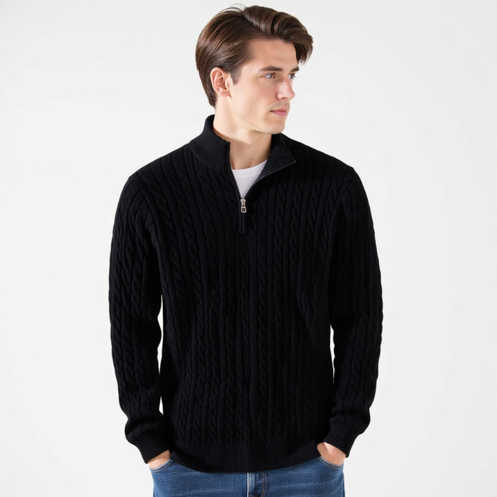 Men's Cable Knit Sweater Long Sleeve Collared Half-Zip Casual Layering