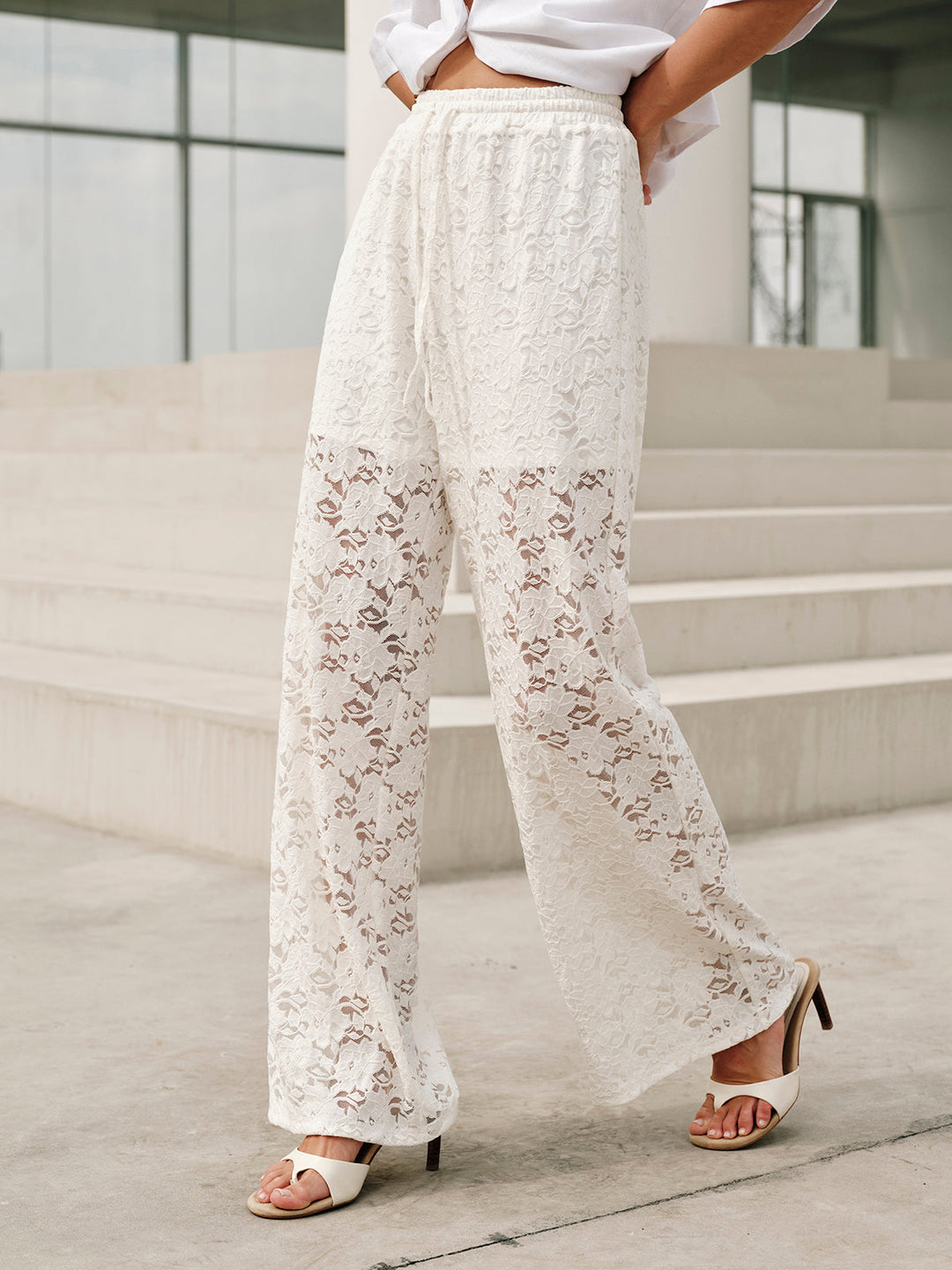 Women's Pearl Lace Trousers with Drawstring Waist