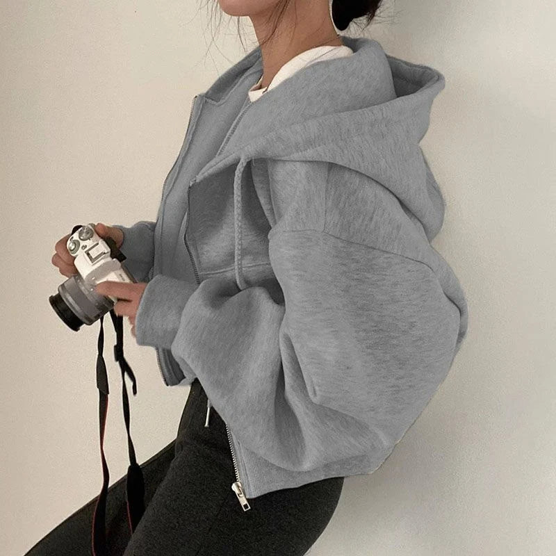 Women's Cropped Oversized Zip Hoodie – Casual Style – BN
