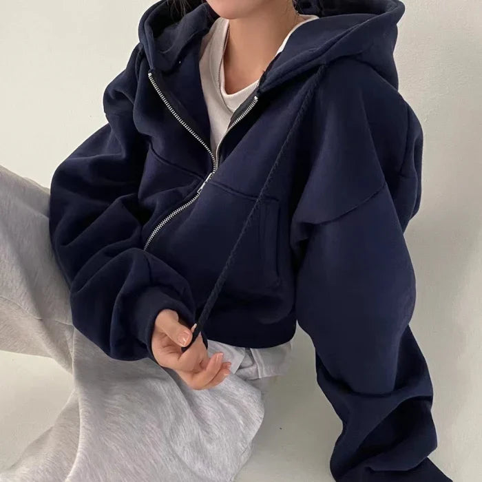 Women's Cropped Oversized Zip Hoodie – Casual Style – BN