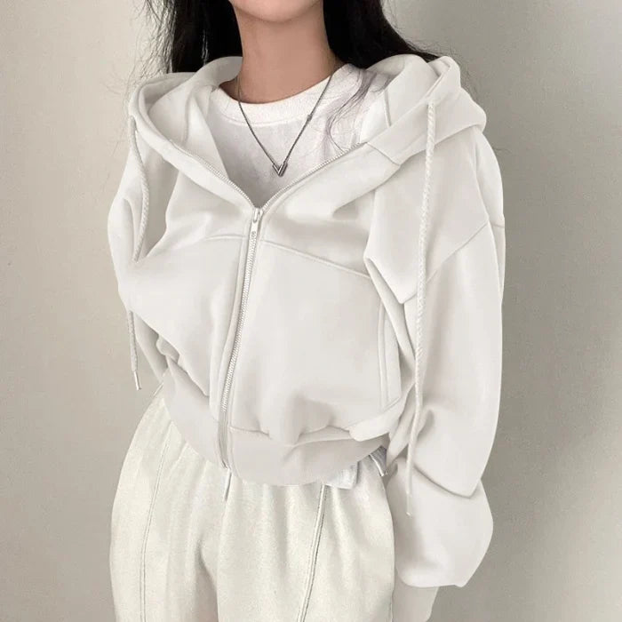 Women's Cropped Oversized Zip Hoodie – Casual Style – BN