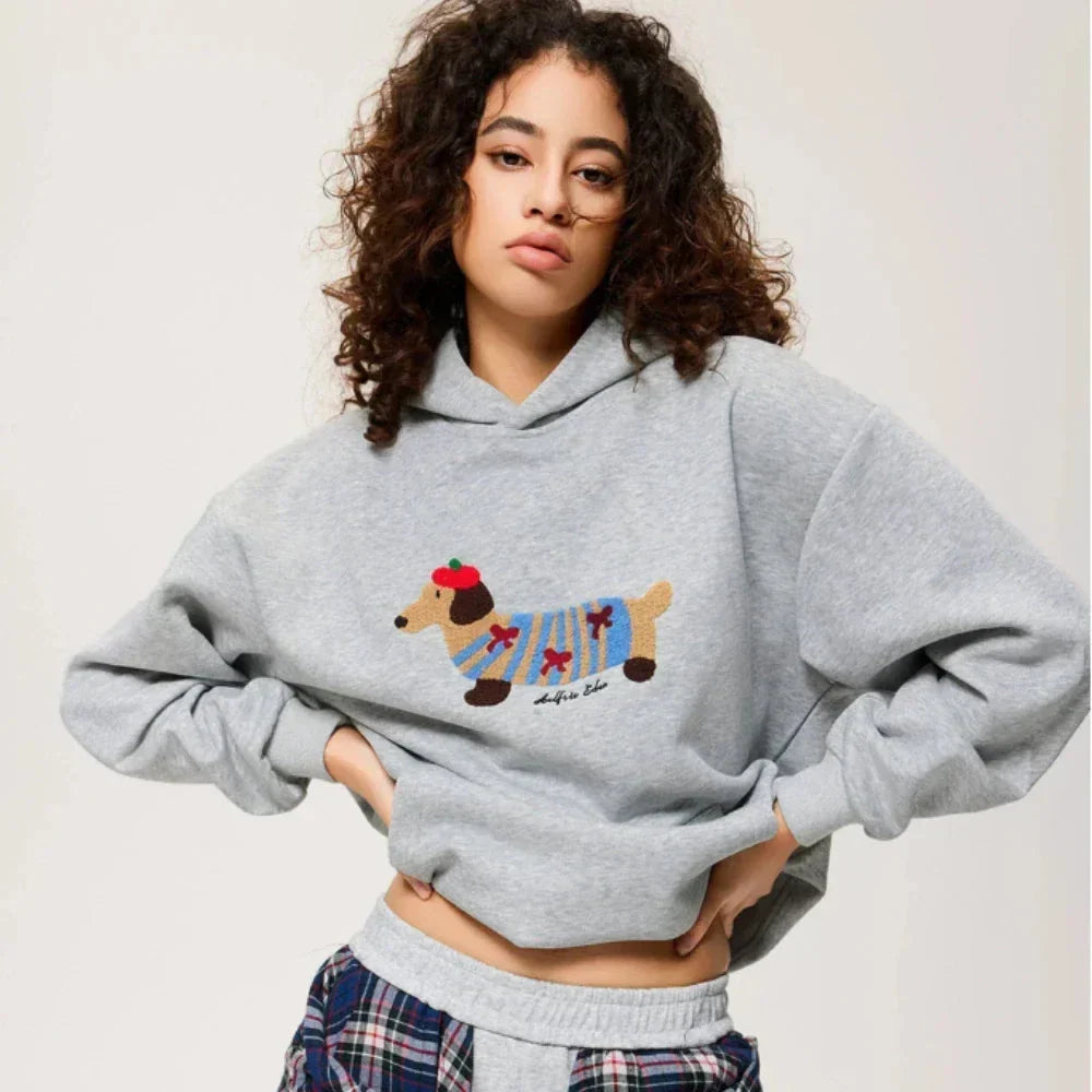 Embroidered Dachshund Oversized Hoodie for Women – Casual Style – BN