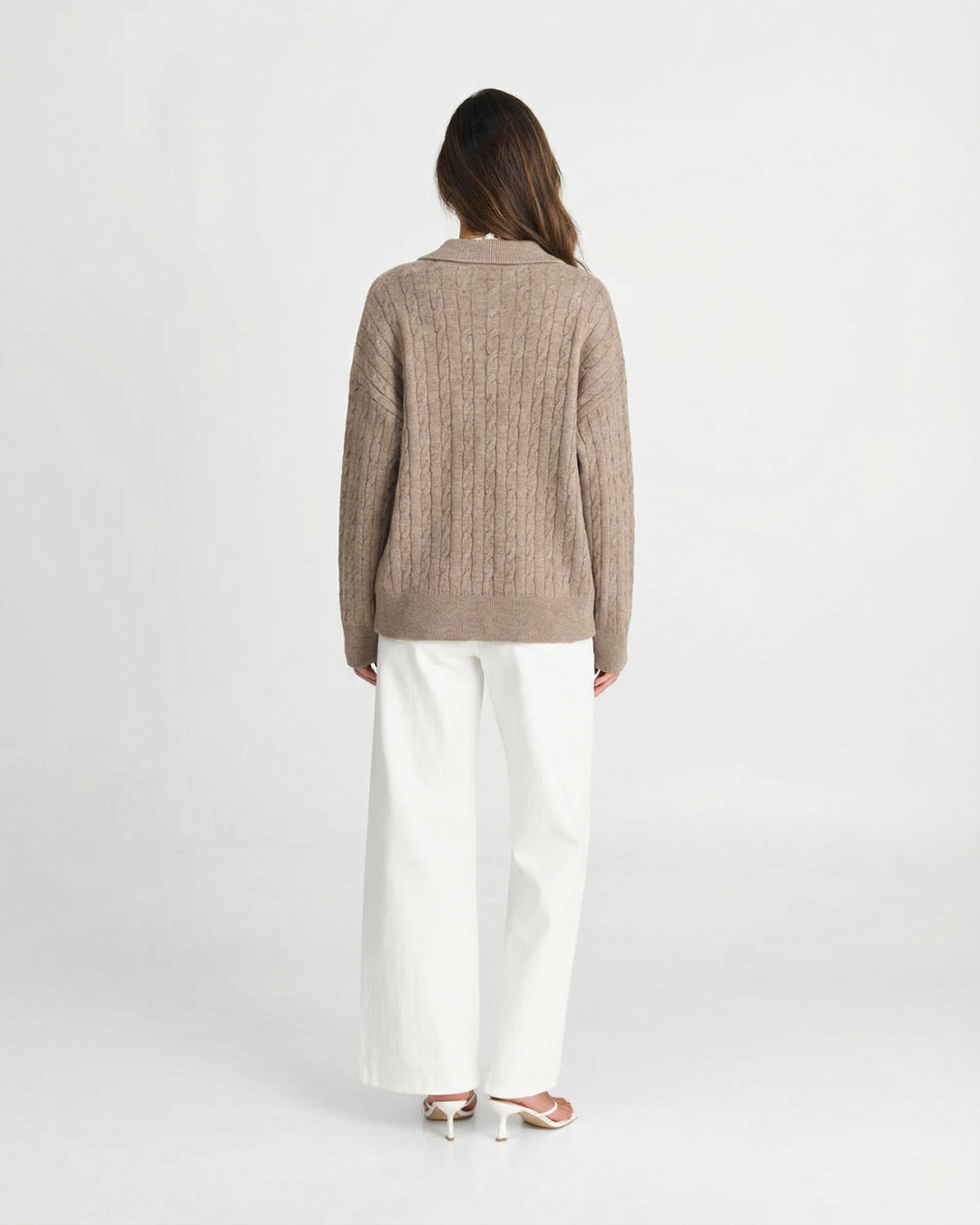 Women's V-Neck Cable Knit Jumper with Collar – Casual Style – BN