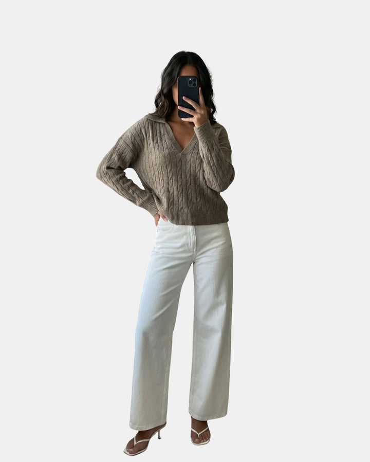 Women's V-Neck Cable Knit Jumper with Collar – Casual Style – BN