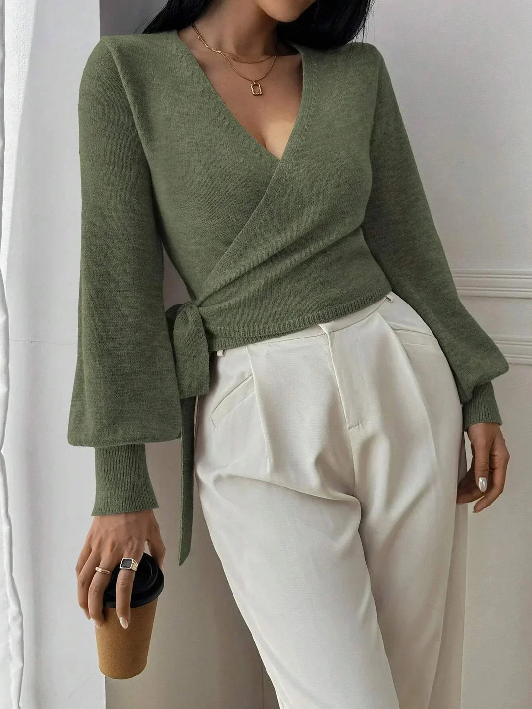 Casual Women's Knitted Wrap Sweater with Tie Waist – BN