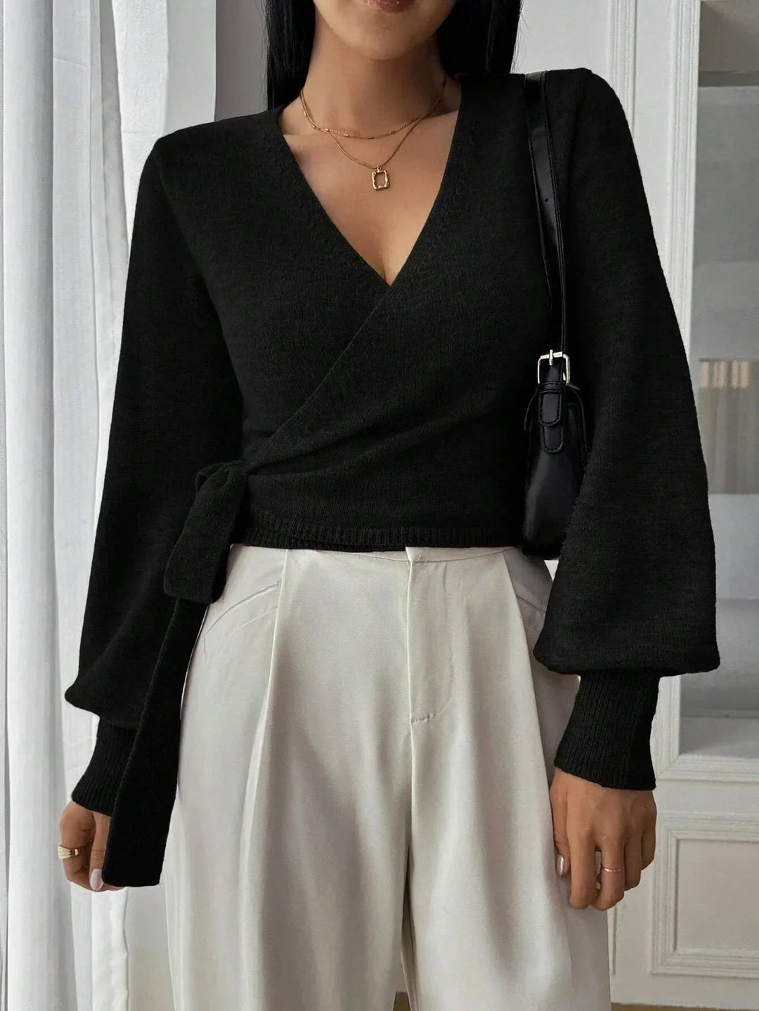 Casual Women's Knitted Wrap Sweater with Tie Waist – BN
