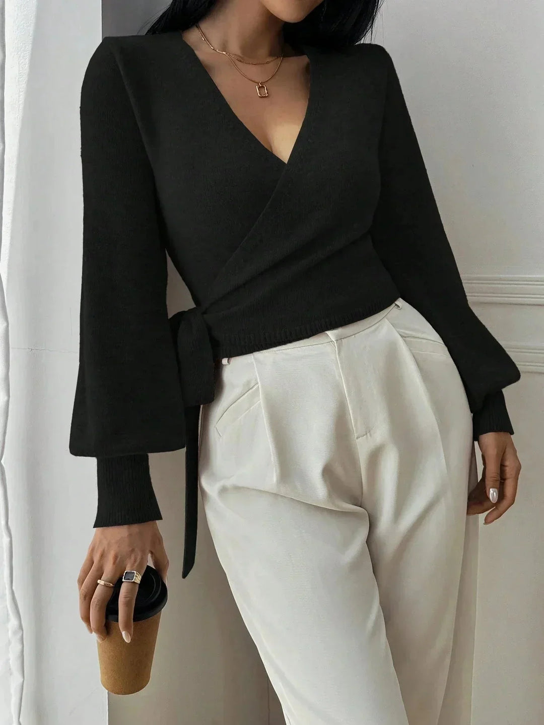 Casual Women's Knitted Wrap Sweater with Tie Waist – BN