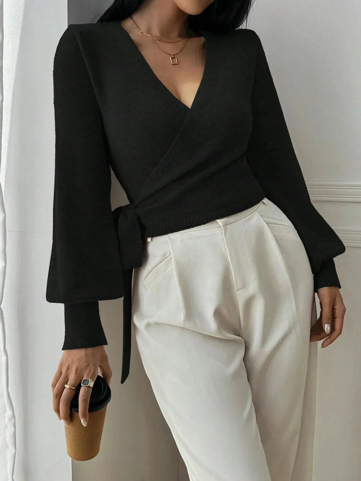 Casual Women's Knitted Wrap Sweater with Tie Waist – BN