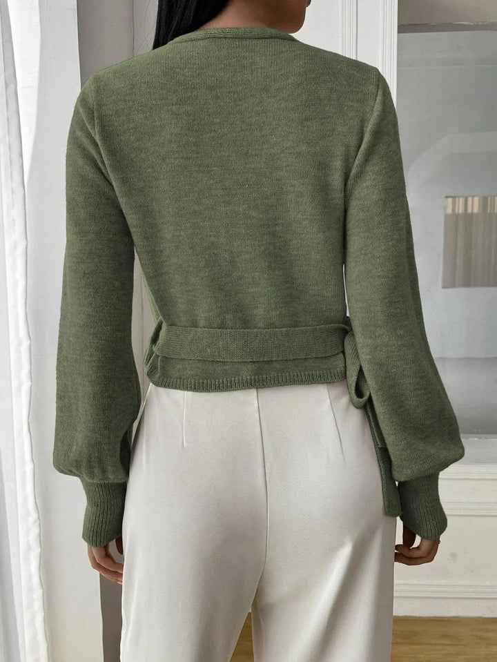 Casual Women's Knitted Wrap Sweater with Tie Waist – BN