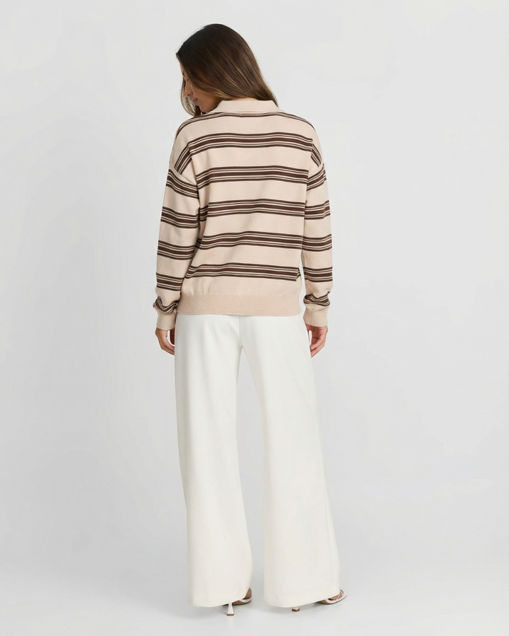 Women's Long Sleeve Striped Knit Polo Sweater – Casual Style – BN