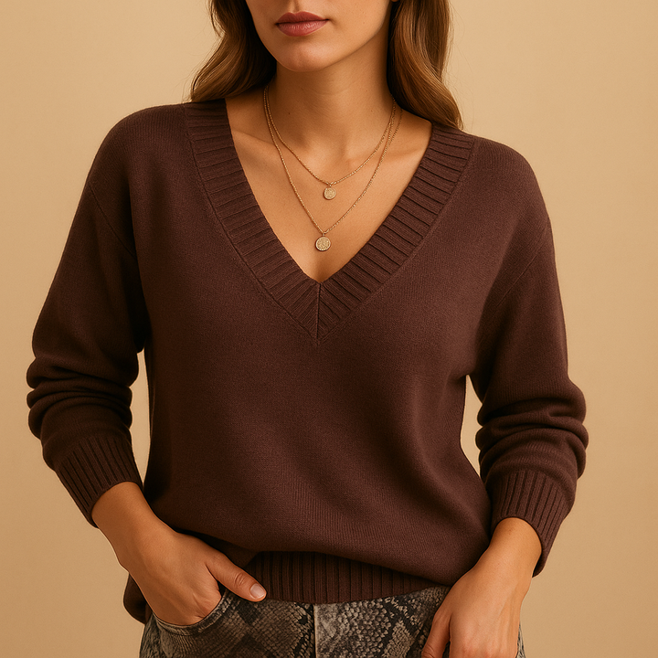 Women's Ribbed V-Neck Fine Knit Sweater – Casual Style – BN