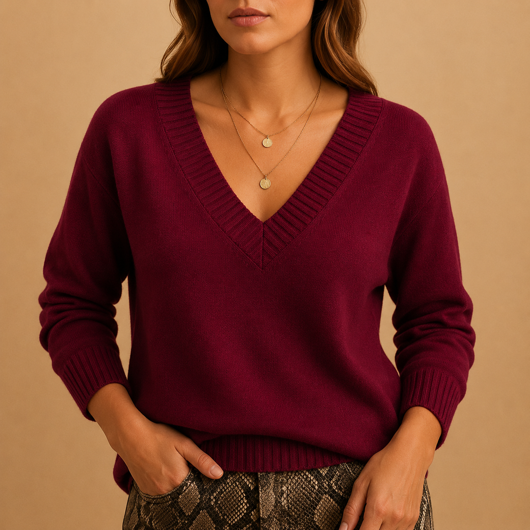 Women's Ribbed V-Neck Fine Knit Sweater – Casual Style – BN