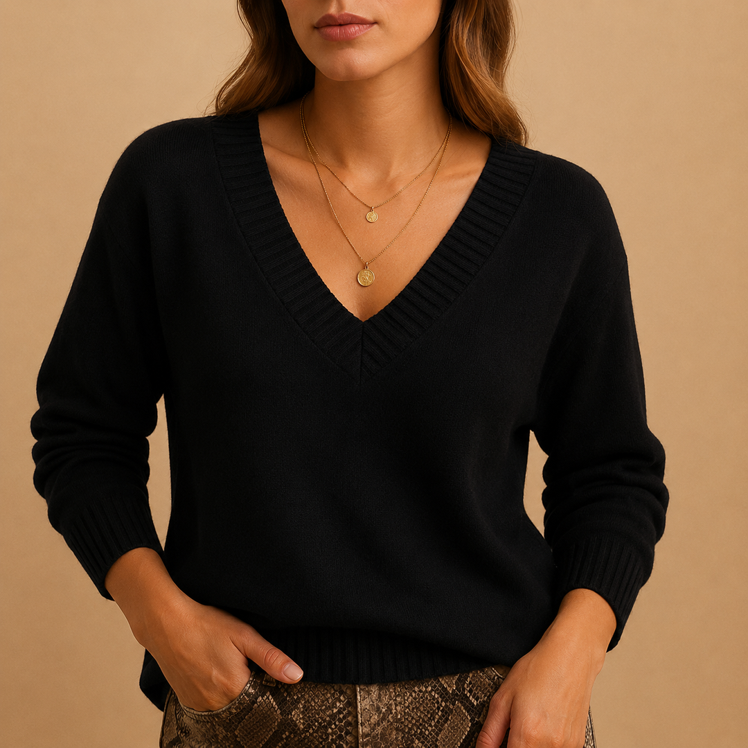 Women's Ribbed V-Neck Fine Knit Sweater – Casual Style – BN