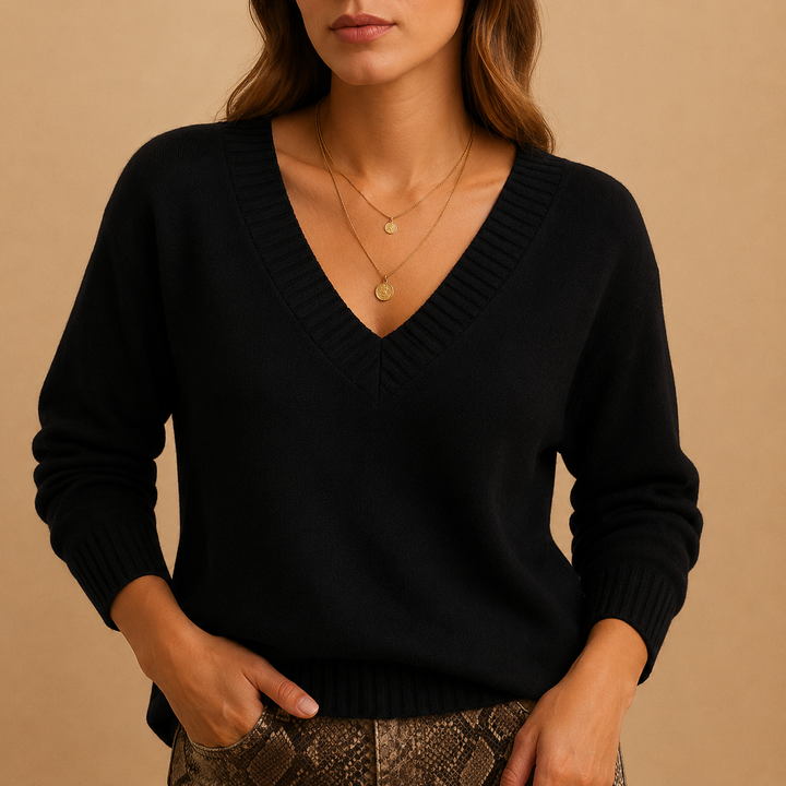 Women's Ribbed V-Neck Fine Knit Sweater – Casual Style – BN