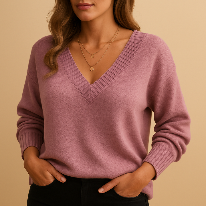 Women's Ribbed V-Neck Fine Knit Sweater – Casual Style – BN