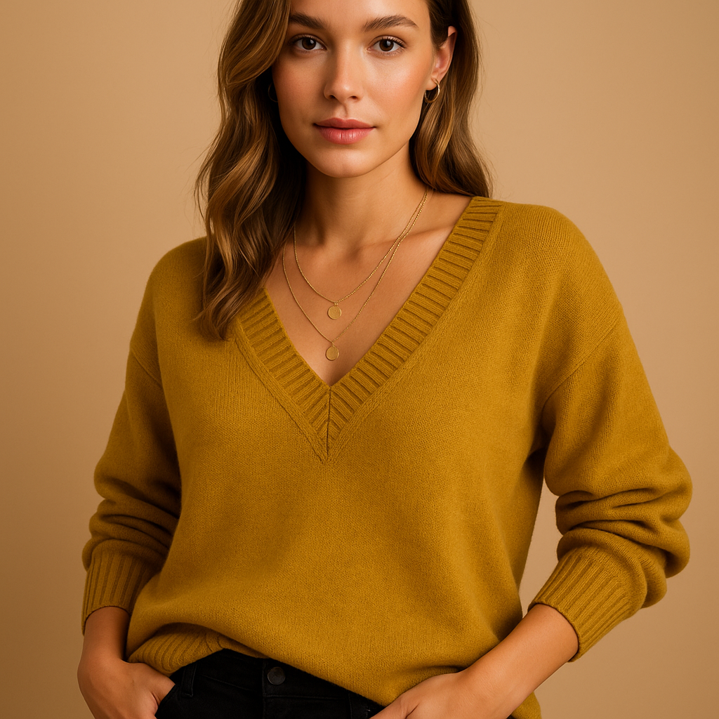 Women's Ribbed V-Neck Fine Knit Sweater – Casual Style – BN