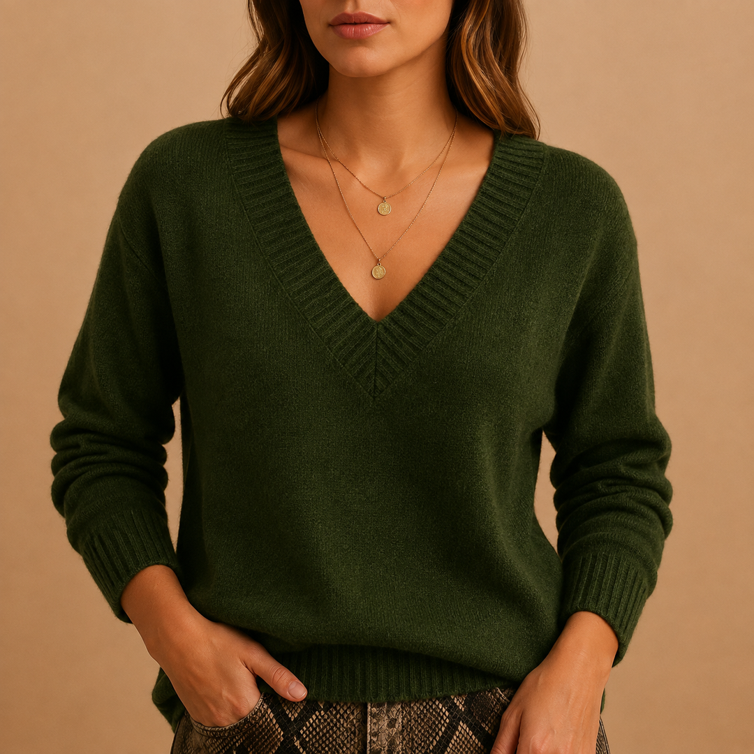 Women's Ribbed V-Neck Fine Knit Sweater – Casual Style – BN