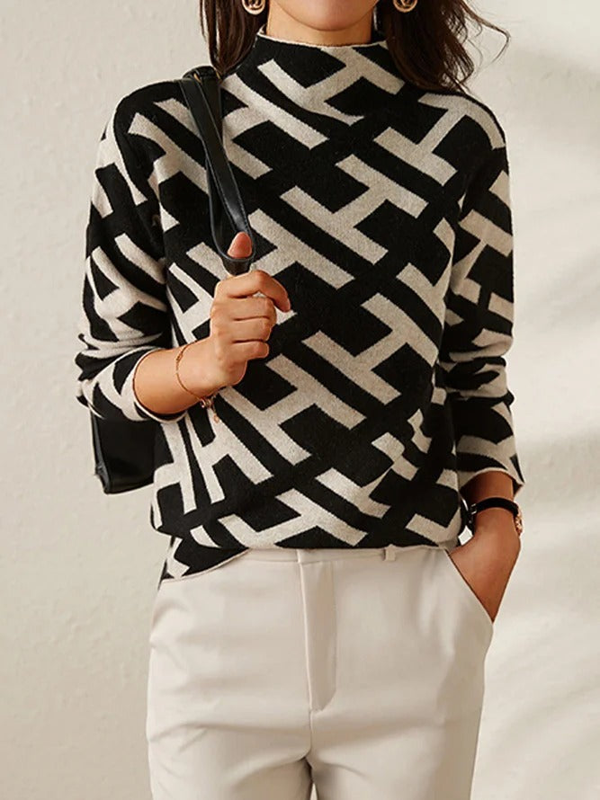 Women's Graphic Patterned High Neck Knitted Sweater – Casual Style – BN