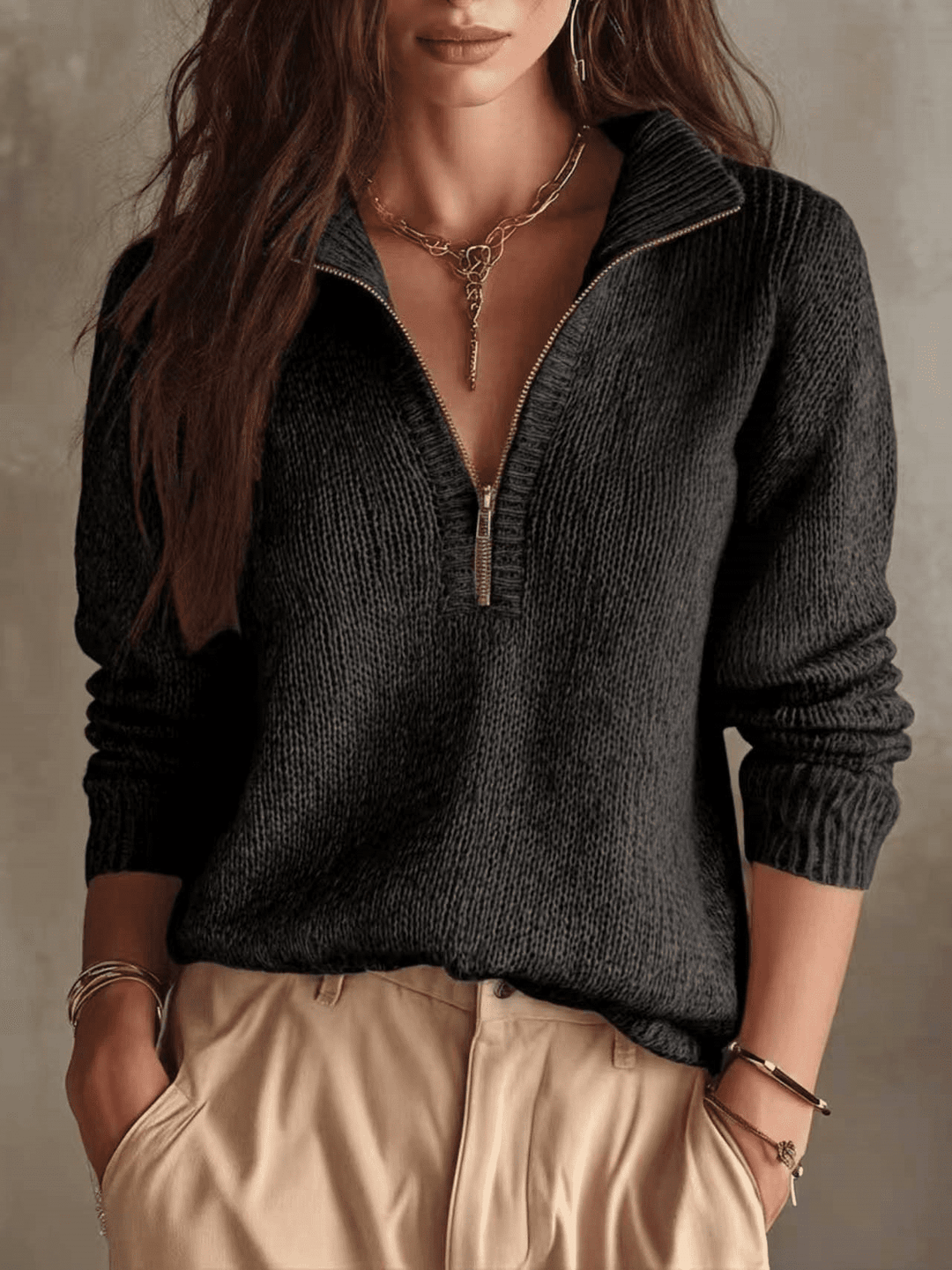 Women's High Collar Knitted Jumper with Half Zip – Winter Collection – BN