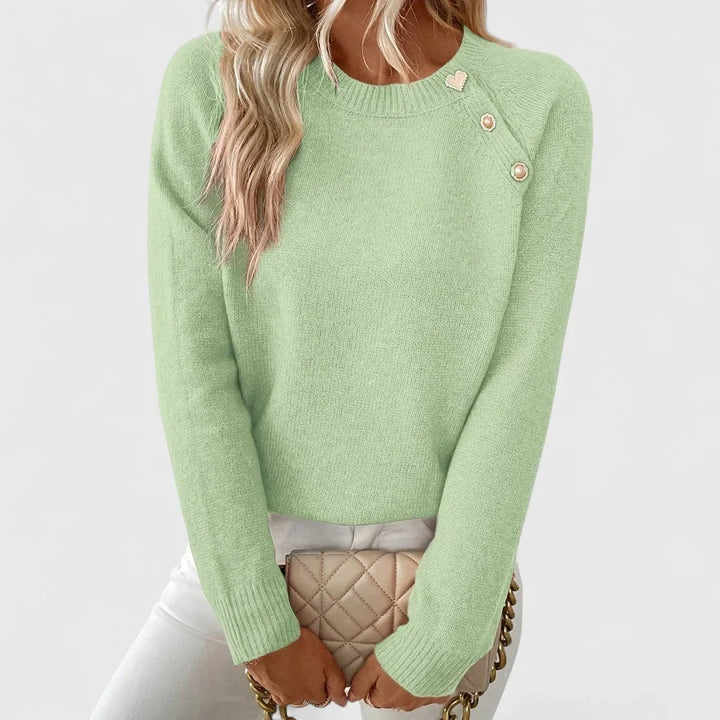 Women's Casual Knitted Sweater with Round Neck and Pearl Button Details – BN