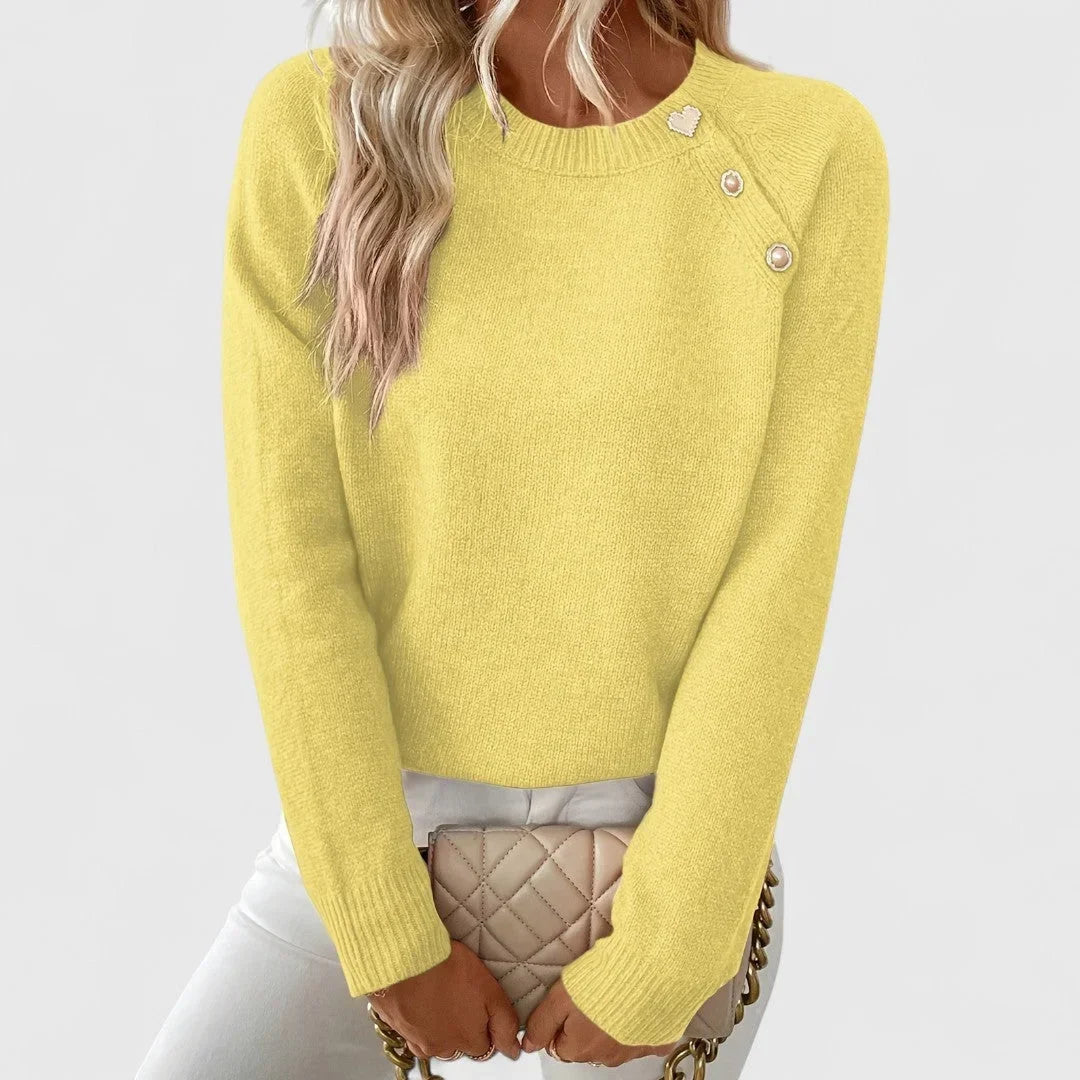 Women's Casual Knitted Sweater with Round Neck and Pearl Button Details – BN