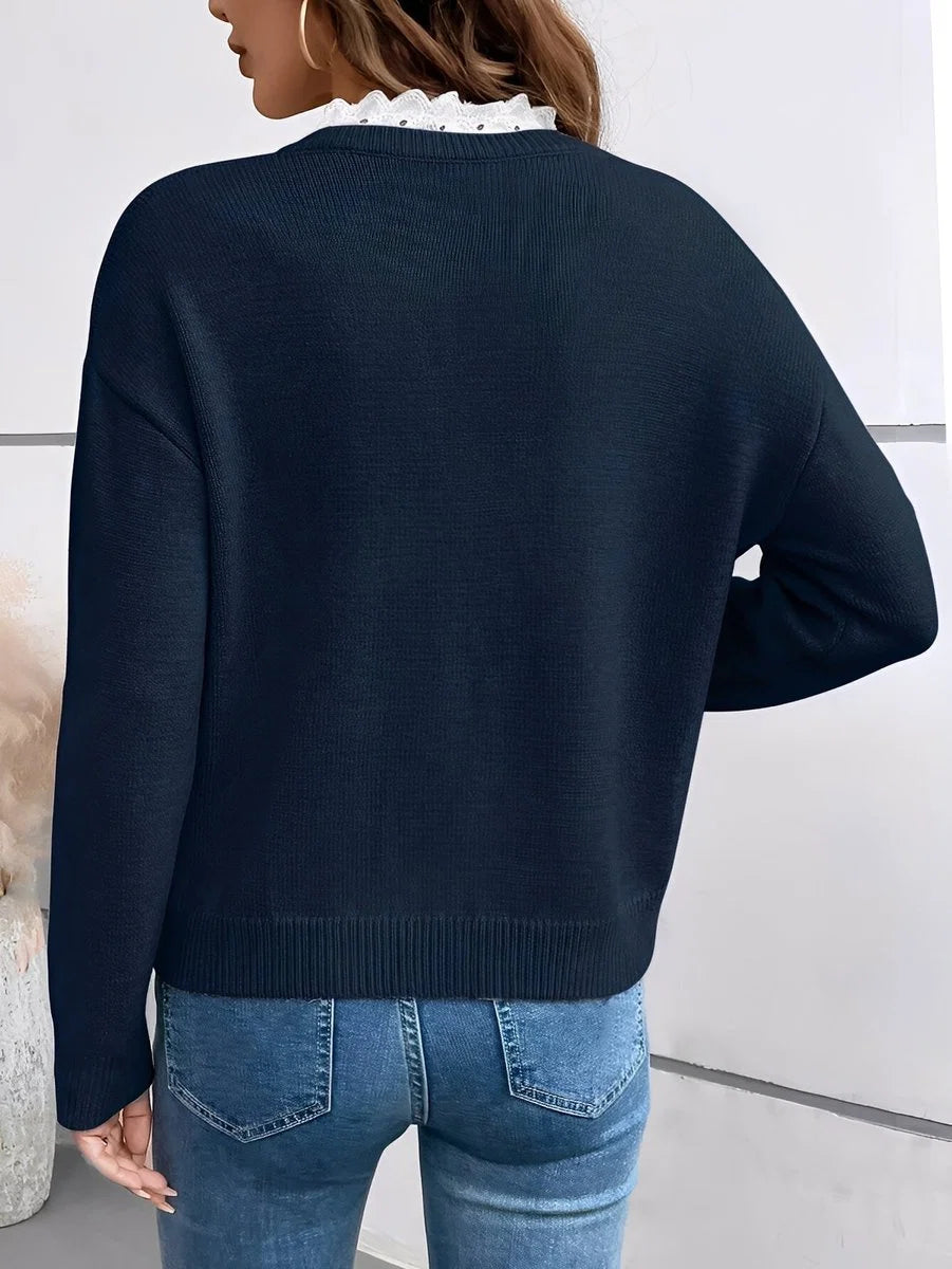 Women's V-Neck Knitted Sweater with Lace Detail – Casual Style – BN