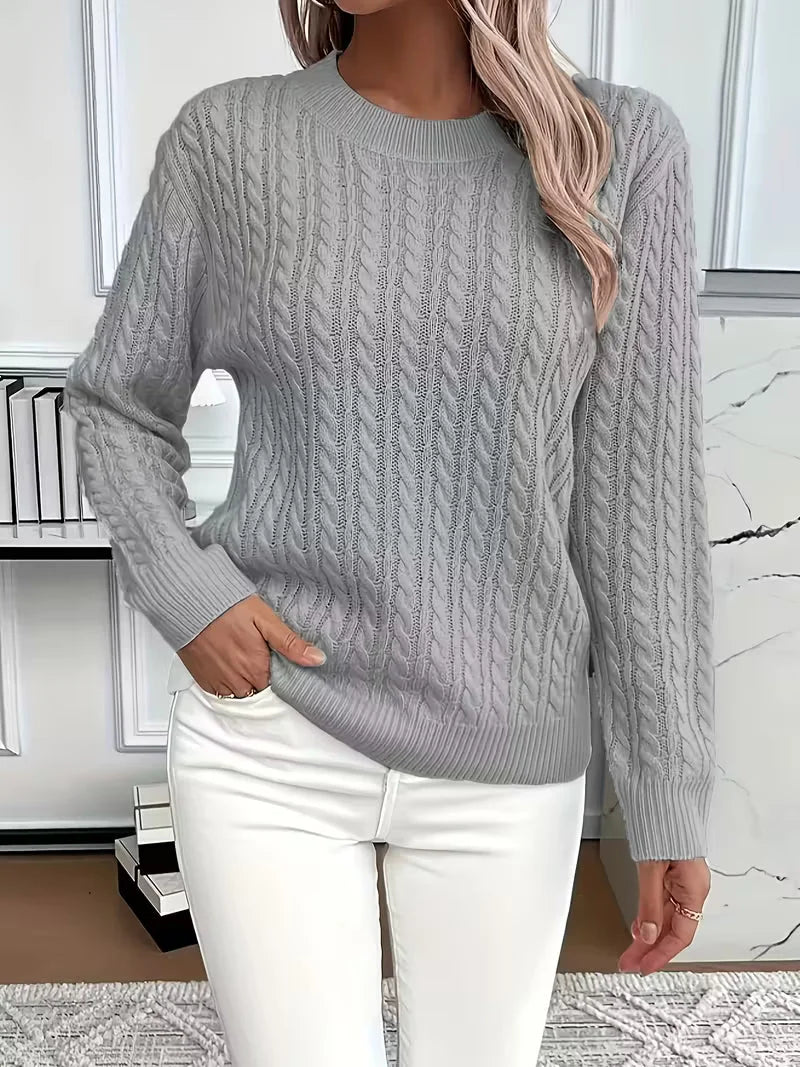 Women's Round Neck Cable Knit Sweater – Casual Style – BN