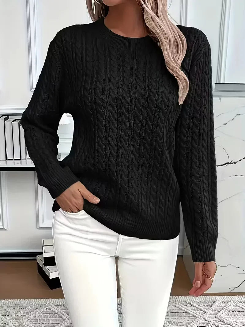 Women's Round Neck Cable Knit Sweater – Casual Style – BN