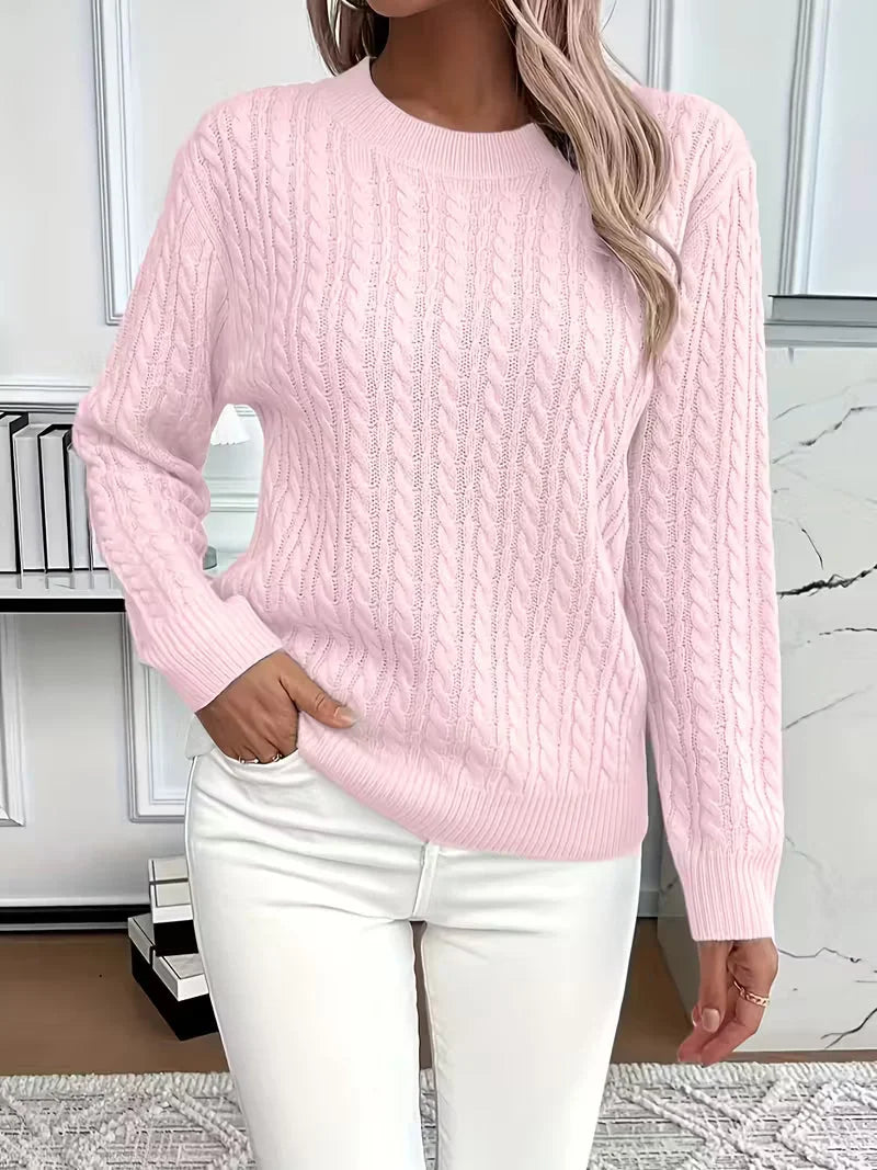 Women's Round Neck Cable Knit Sweater – Casual Style – BN