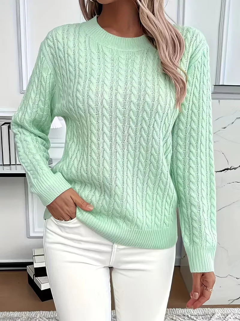 Women's Round Neck Cable Knit Sweater – Casual Style – BN