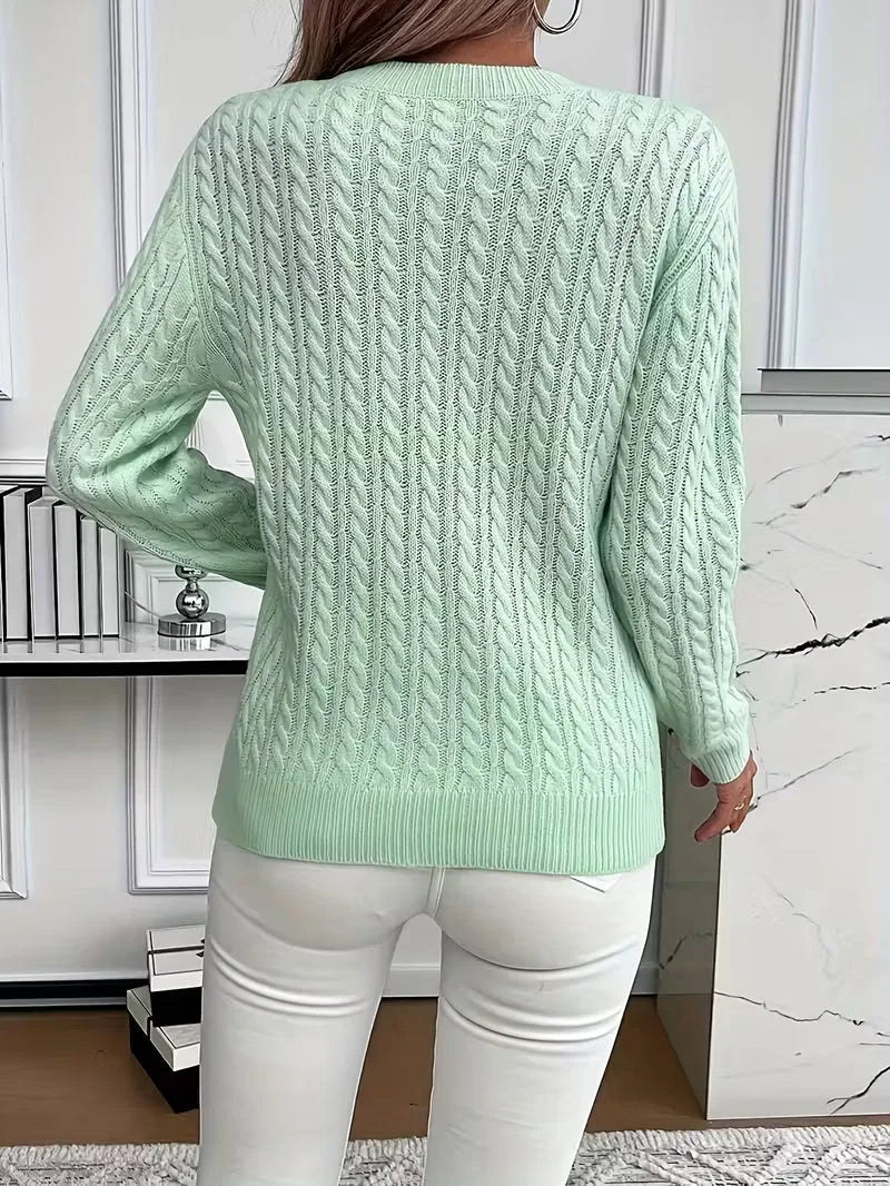 Women's Round Neck Cable Knit Sweater – Casual Style – BN