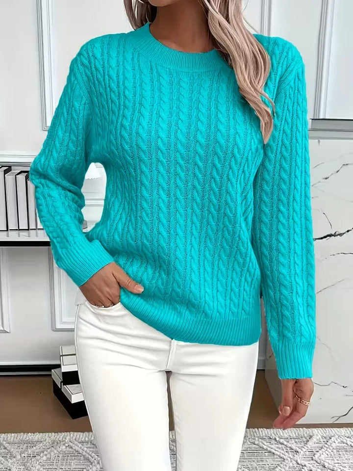 Women's Round Neck Cable Knit Sweater – Casual Style – BN