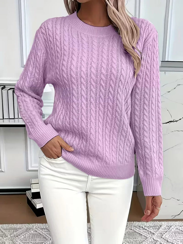 Women's Round Neck Cable Knit Sweater – Casual Style – BN