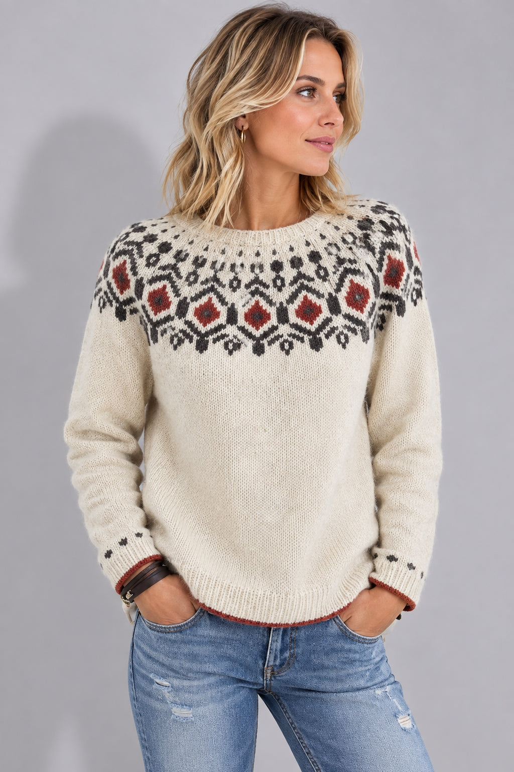 Women's Norwegian Jacquard Shoulder Sweater – Winter Collection – BN
