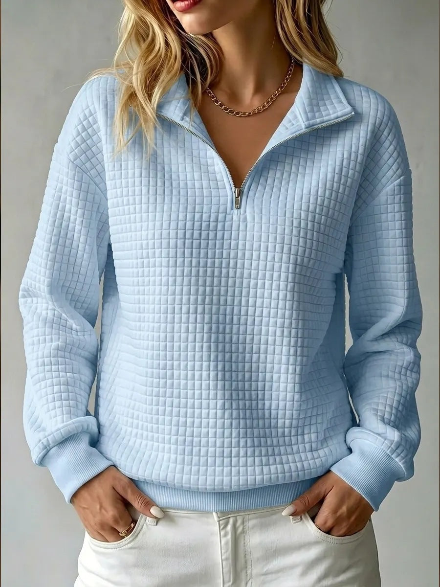 Women's High Collar Zip Jumper with Waffle Texture – Casual Style – BN