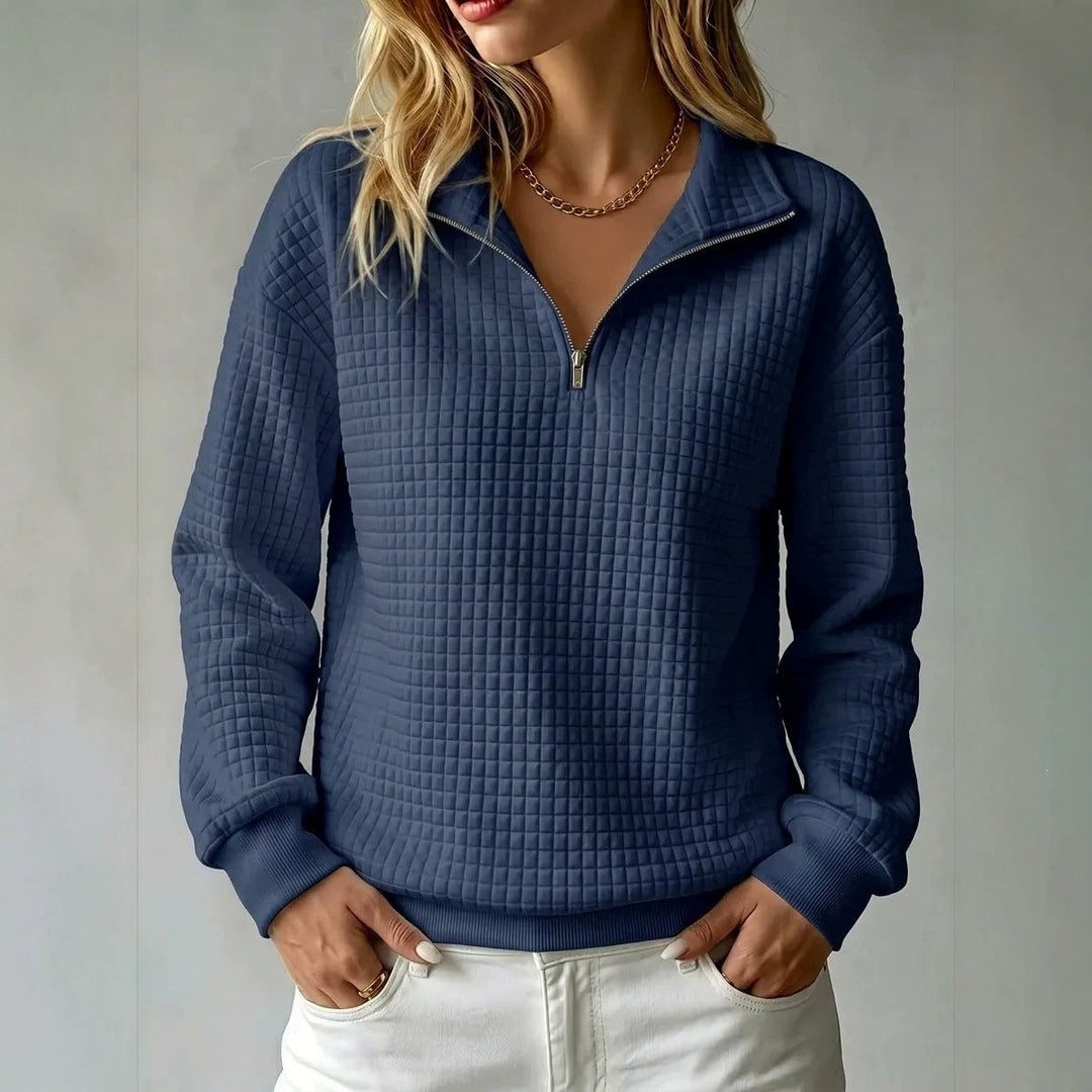 Women's High Collar Zip Jumper with Waffle Texture – Casual Style – BN