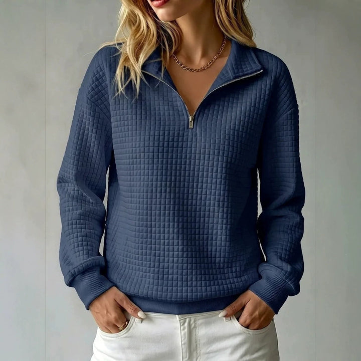 Women's High Collar Zip Jumper with Waffle Texture – Casual Style – BN