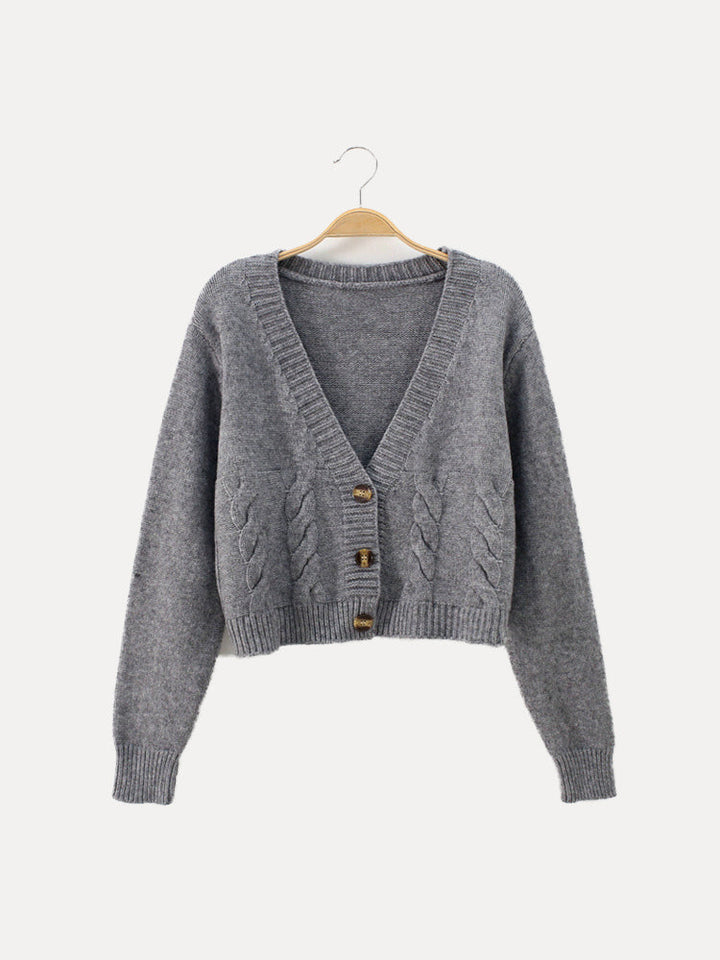 Women's Cropped Cable Knit Cardigan with Horn-Style Buttons – Casual – BN