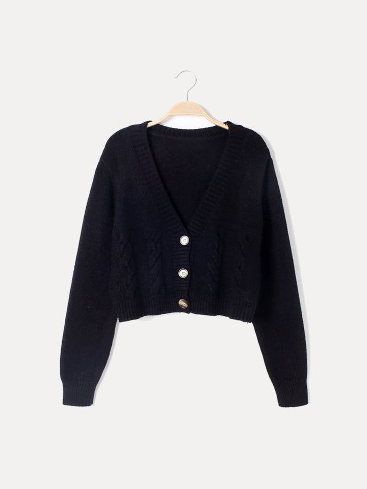 Women's Cropped Cable Knit Cardigan with Horn-Style Buttons – Casual – BN